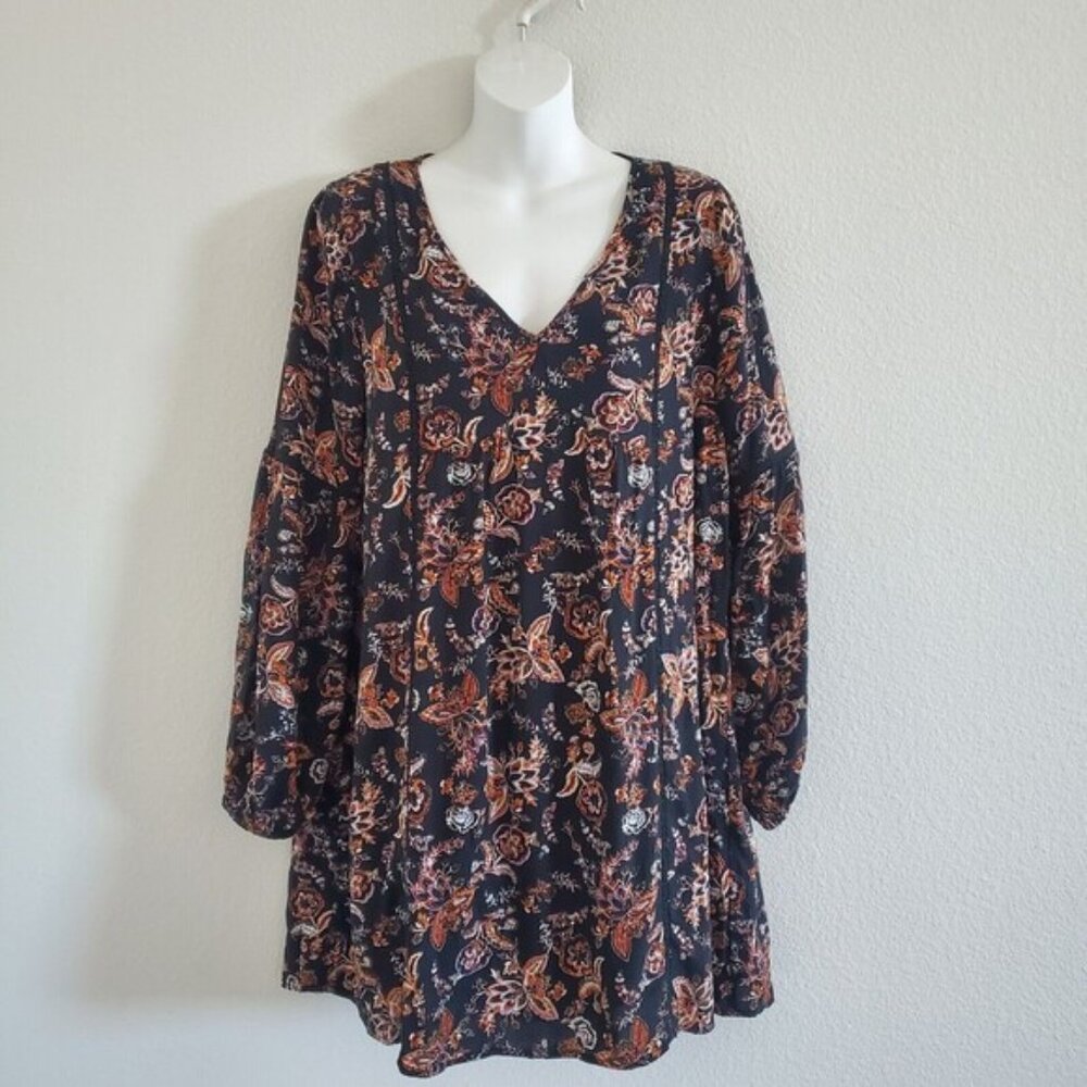 Altar'd State Floral Mini Trapeze Dress M Black Balloon Sleeve Crochet Trim Boho